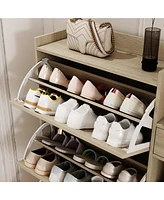 Natural Bohemia Style Shoe Cabinet, Shoe Rack Cabinet with 3 Rattan Flip Drawers,3 Square Shelves and 1 Storage Drawer, Shoe Organizer with Mulit Stor