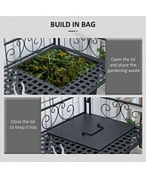 Folding Potting Bench Table, Metal Garden Workstation, Work Bench with Large Build-In Bag with Cover, 5 Hanging Hooks & Storage Shelf, Flourishes