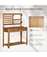 Potting Bench Table, Garden Work Bench, Outdoor Wooden Workstation with Tiers of Shelves and Drawer for Patio, Courtyards, Balcony, Brown