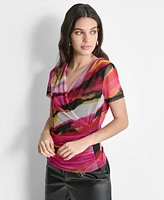 Dkny Women's Printed-Mesh V-Neck Top