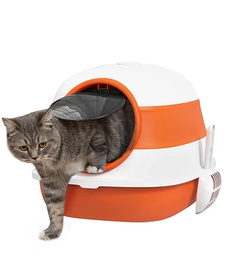 Cat Litter Box with Lid, Covered Litter Box w/ High Sides, Air Freshener, Large Two-Way Entrance Kitty Litter Box, Foldable, Easy Clean, Orange, and B
