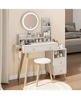 Slickblue Round Mirror Bedside Cabinet Vanity Table with Cushioned Stool – Chic Bedroom Makeup Station