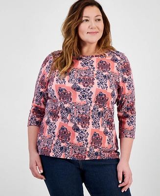 Style & Co Plus Printed Pima Cotton 3/4-Sleeve Top, Exclusively at Macy's