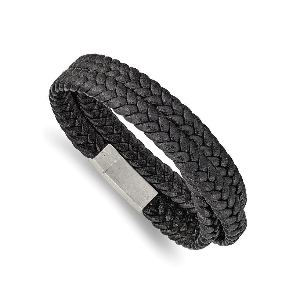 Chisel Stainless Steel Brushed Black Leather Wrap Bracelet