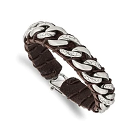 Chisel Stainless Steel Brushed Textured Curb Chain Leather Bracelet