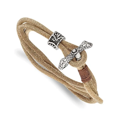 Chisel Stainless Steel Snake Heads Tan Leather Wrap Bracelet