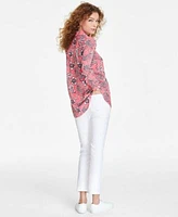 Jones New York Womens Printed Half Placket Tunic Blouse Mid Rise Cropped Kick Flare Jeans