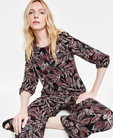 Jones New York Womens Printed Moss Crepe Button Shoulder Top Wide Leg Pull On Pants