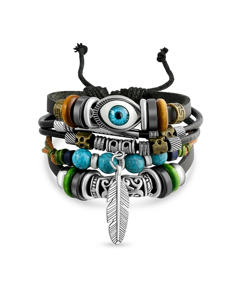 Bling Jewelry Retro Boho Evil Eye Leather Rope Wrap Multi Layer Charm Bracelet Adjustable