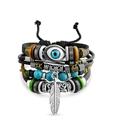 Bling Jewelry Retro Boho Evil Eye Leather Rope Wrap Multi Layer Charm Bracelet Adjustable