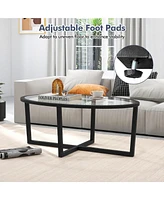 Gymax Modern Glass Coffee Table w/ Cross Base & Acacia Wood Legs for Small Spaces