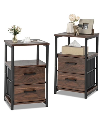 Gymax 2PCS Nightstand Bedside End Table with 2 Fabric Drawers & Storage Shelf