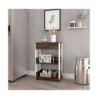 Depot E-Shop Pillar Kitchen Cart, Four Casters, Three Shelves, White / Dark Walnut - Multi