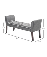 End of Bed Bench with Button Tufted Design, Upholstered Bedroom Entryway Bench with Arms and Solid Wood Legs for Bedroom, Dark Gray