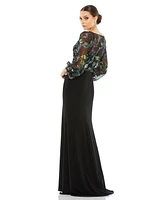 Mac Duggal Women's Embroidered Illusion Puff Sleeve Column Gown