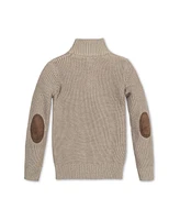 Hope & Henry Boys Organic Long Sleeve Mock Neck Mix Stitch Button Sweater with Elbow Patches