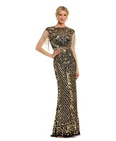 Mac Duggal Women's High Neck Sleeveless Beaded Fringe Fitted Gown