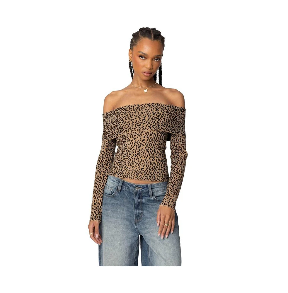 Edikted Women's Leopard Printed Fold Over Knit Top