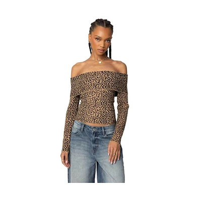 Edikted Womens Leopard Printed Fold Over Knit Top