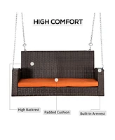 2 Person Wicker Hanging Swing Bench, Front Porch Swing Outdoor Chair with Cushions 550 lbs. Weight Capacity for Backyard, Garden, Orange