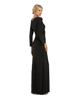 Mac Duggal Women's Long Sleeve Jersey Ruched Gown With Beaded Neck