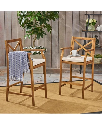 Streamdale Furniture Acacia Wood Outdoor Barstools With Water-Resistant Cushions (Set Of 2)