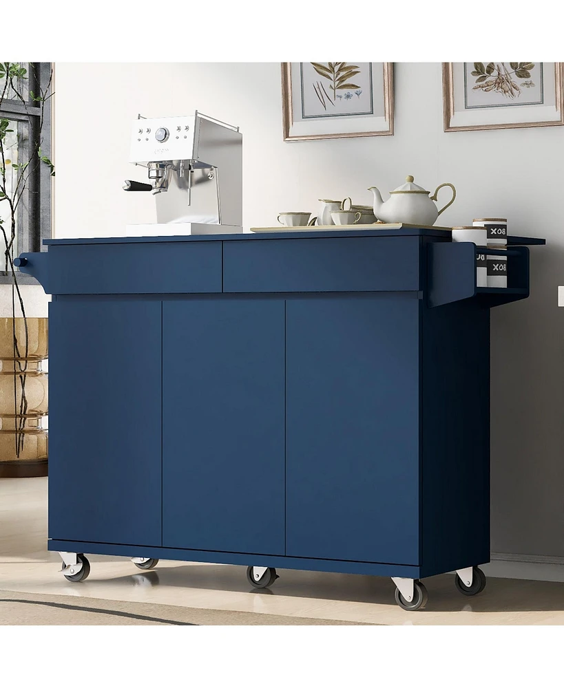 53.2" Kitchen Island with Drop Leaf, Kitchen Storage Cart with Spice Rack, Towel Rack and 2 Drawers, Rolling Kitchen Island on Wheels with Adjust
