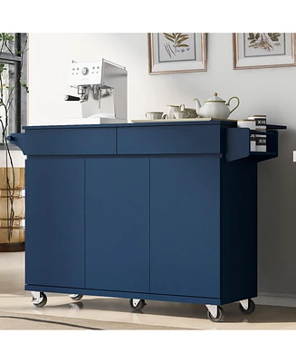 53.2" Kitchen Island with Drop Leaf, Kitchen Storage Cart with Spice Rack, Towel Rack and 2 Drawers, Rolling Kitchen Island on Wheels with Adjust