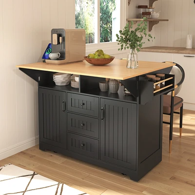 55.7" Large Kitchen Island with 2 Drop Leaf,, Rolling Kitchen Cart on 5 Wheels with Power Outlet, Folding Storage Dining Table with Spice & Towel