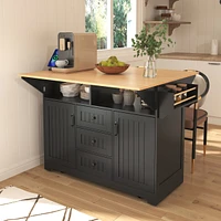 55.7" Large Kitchen Island with 2 Drop Leaf,, Rolling Kitchen Cart on 5 Wheels with Power Outlet, Folding Storage Dining Table with Spice & Towel
