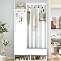 Contemporary 39.3" Wx70.8" H Hall Tree Storage with Cushioned Storage Bench, Multifunctional Hallway Shoe Cabinet with Pegboard, Modern Coat