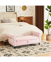 Velvet Multifunctional Storage Rectangular ottoman bench with 1 Pillow, Beige