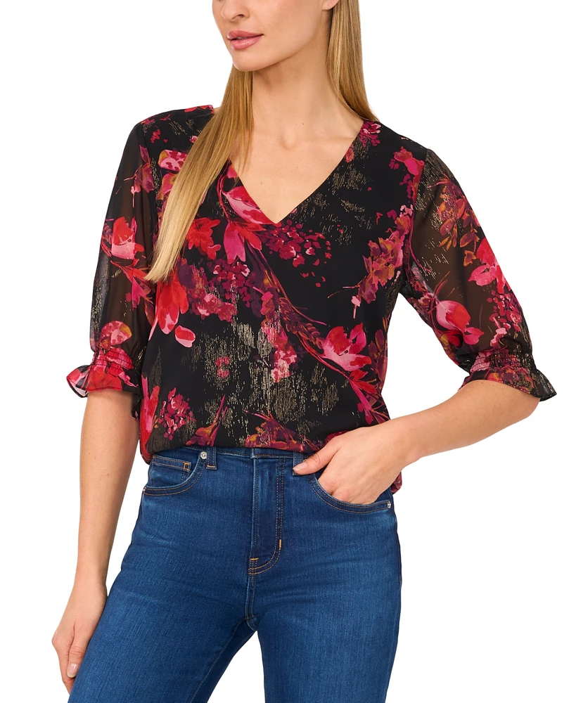 CeCe Women's Floral V-Neck Ruffled-Cuff Blouse