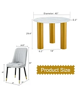 Table and chair set, round table with white marble pattern, gold Mdf table legs, soft and comfortable dining chair, suitable for kitchen and living ro