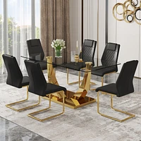 Simplie Fun Table and chair set.Modern rectangular dining table with Transparent tempered glass tabletop and gold plated metal legs.Paired with 6 comf