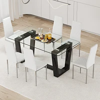 Streamdale Furniture Table and chair set.a rectangular dining table features with tempered glass top and sleek black Mdf stand.Paired with 6 Pu chairs