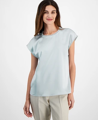 Tahari Asl Women's Fringe-Trim-Neck Short-Sleeve Satin Top