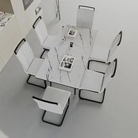 An expandable dining table set for 2-6 people, equipped with a C-shaped tubular cushioned armless dining chair and an elegant and spacious dining tabl