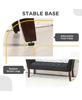 End of Bed Bench with Button Tufted Design, Upholstered Bedroom Entryway Bench with Arms and Solid Wood Legs for Bedroom, Black