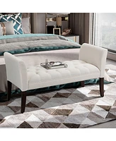 End of Bed Bench with Button Tufted Design, Upholstered Bedroom Entryway Bench with Arms and Solid Wood Legs for Bedroom, Cream White