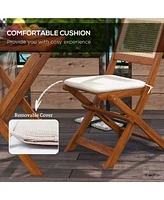 3 Pieces Patio Bistro Set Foldable Wooden Pe Rattan Conversation Furniture Outdoor with Cushions, for Porch, Backyard, Garden, Light Teak