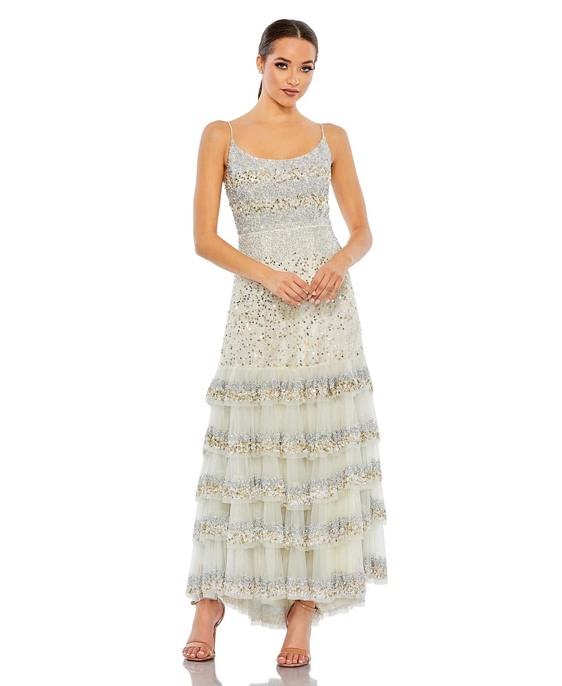 Mac Duggal Women's Embellished Scoop Neck Tiered Gown