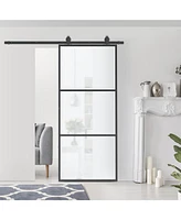 36" x 84" Sliding Door with Hardware Kit, Handle, & Track, Industrial Frosted Tempered Glass Door with Carbon Steel, Easy Installation
