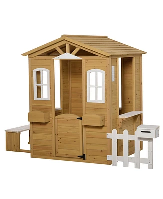 Outdoor Playhouse for kids Wooden Cottage with Working Doors Windows & Mailbox, Pretend Play House for Age 3-6 Years