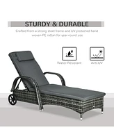 Wicker Outdoor Chaise Lounge, 5-Level Adjustable Backrest Pe Rattan Pool Lounge Chair with Wheels, Cushion & Headrest, Mixed Gray and Charcoal Gray