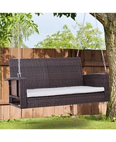 Simplie Fun 2 Person Wicker Hanging Swing Bench, Front Porch Swing Outdoor Chair with Cushions 550 lbs. Weight Capacity for Backyard, Garden, Cream Wh