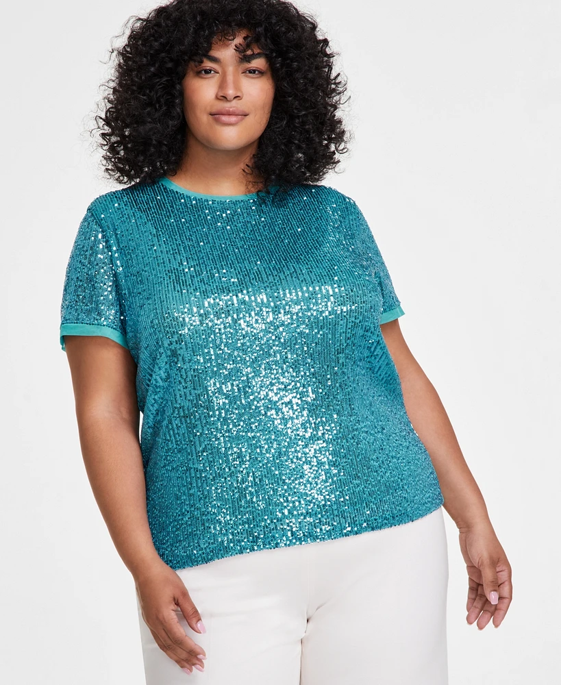 Anne Klein Plus Sequined Mesh-Trim Short-Sleeve Top