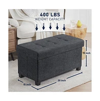 Ornavo Home Foldable Tufted 30 Inch Linen Bench Storage Ottoman with Legs