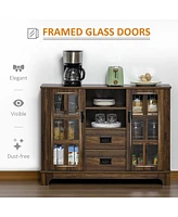 Sideboard Buffet Cabinet, Glass Door Kitchen Cabinet, Coffee Bar Cabinet with Storage Drawers & Adjustable Shelves for Living Room, Dark Walnut