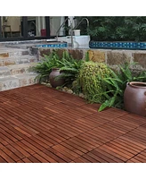 Simplie Fun Acacia Wood Interlocking Deck Tiles Striped Pattern, 20 Pcs 12" x 12" Square Acacia Hardwood Outdoor Flooring for Patio, Bancony, Pool Sid